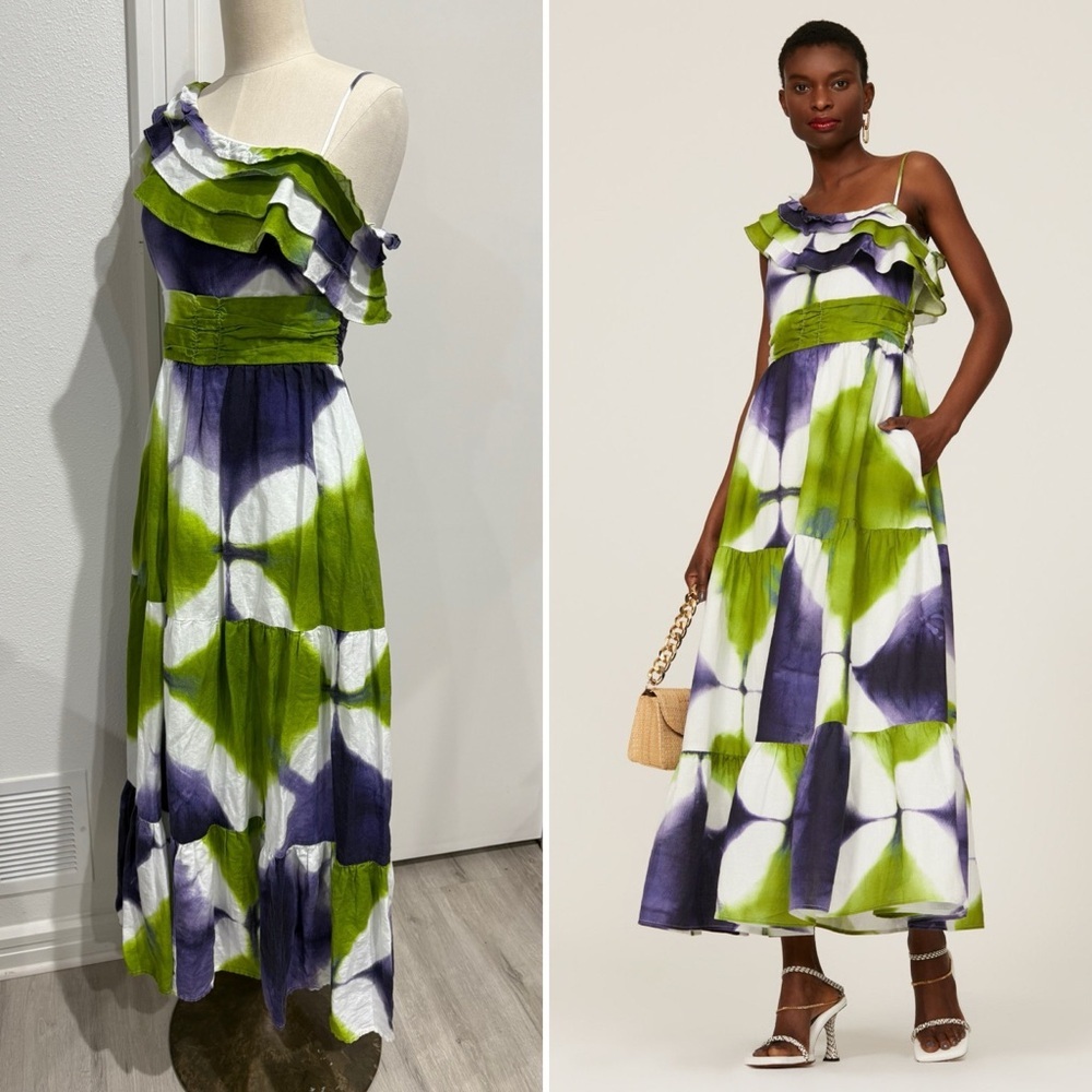 Busayo One Shoulder Ruffle Tie Dye Maxi Purple White and Green Dress - 6